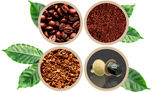 Café - moulu, grains, dosettes et capsules